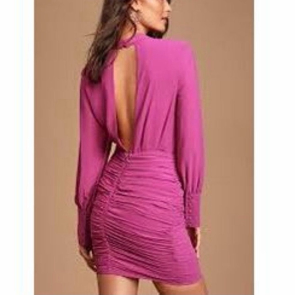 Lulus Major Inspo Magenta‎ Ruched Long Sleeve Mini Dress